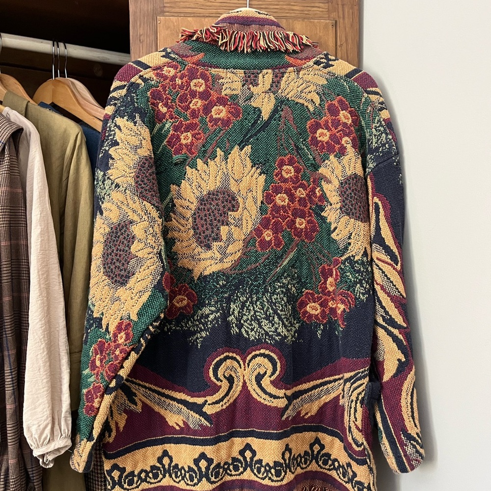 Tapestry Sunflower Floral Knit Cardigan - Green, Burgundy, Gold - Picture 1 of 4